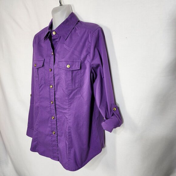 Chicos Womens Top Size 0 Small Button Up Purple Long Roll Tab Sleeve Pockets - Picture 6 of 9